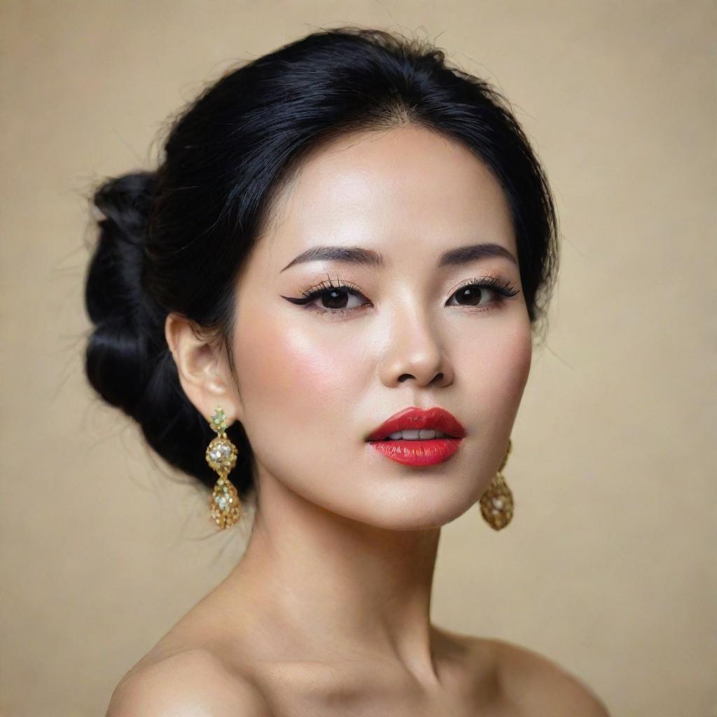 Modify the previously generated portrait of Bích Phương, the Vietnamese singer, to accentuate her stunning facial features, imbue her representation with a sense of gracefulness and heighten the vibrancy of her remarkable stage presence.