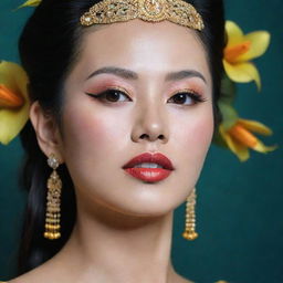 Modify the previously generated portrait of Bích Phương, the Vietnamese singer, to accentuate her stunning facial features, imbue her representation with a sense of gracefulness and heighten the vibrancy of her remarkable stage presence.