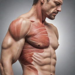 An anatomical illustration emphasizing on muscle strain damage, possibly in the shoulder or leg, with focus on the reddened, inflamed area.