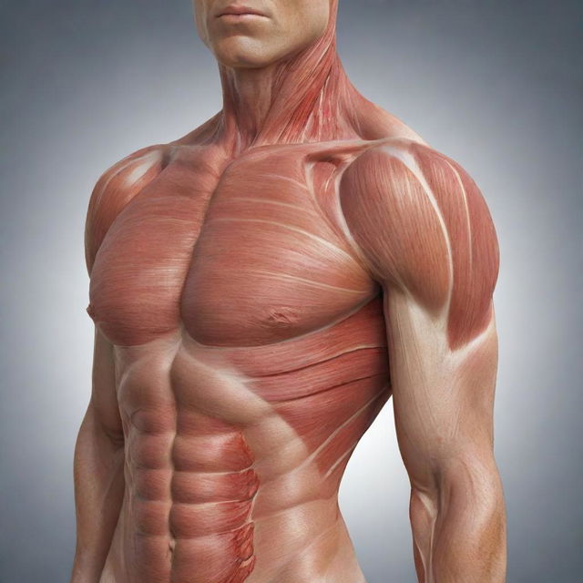 An anatomical illustration emphasizing on muscle strain damage, possibly in the shoulder or leg, with focus on the reddened, inflamed area.