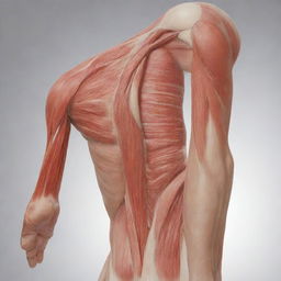 An anatomical illustration emphasizing on muscle strain damage, possibly in the shoulder or leg, with focus on the reddened, inflamed area.