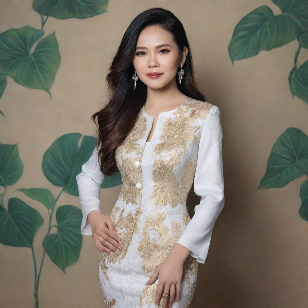 Enhance the existing portrait of Bích Phương, the Vietnamese singer, to include a full body representation. Highlight her stylish outfit, her poised and confident stance while maintaining the detailed depiction of her distinct facial features.