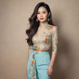 Enhance the existing portrait of Bích Phương, the Vietnamese singer, to include a full body representation. Highlight her stylish outfit, her poised and confident stance while maintaining the detailed depiction of her distinct facial features.