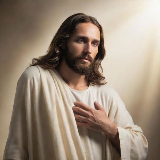 Jesus Christ, portrayed in a comforting and divine light, compassionately placing His hand on a human shoulder from behind.