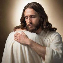 Jesus Christ, portrayed in a comforting and divine light, compassionately placing His hand on a human shoulder from behind.