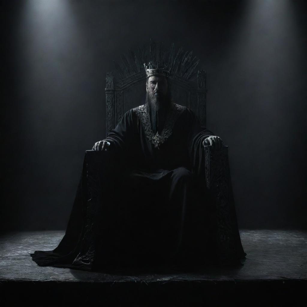 An imposing, dark throne occupied by a powerful king enveloped in shadows, all set against a profound, dark background enhancing the sense of supreme power