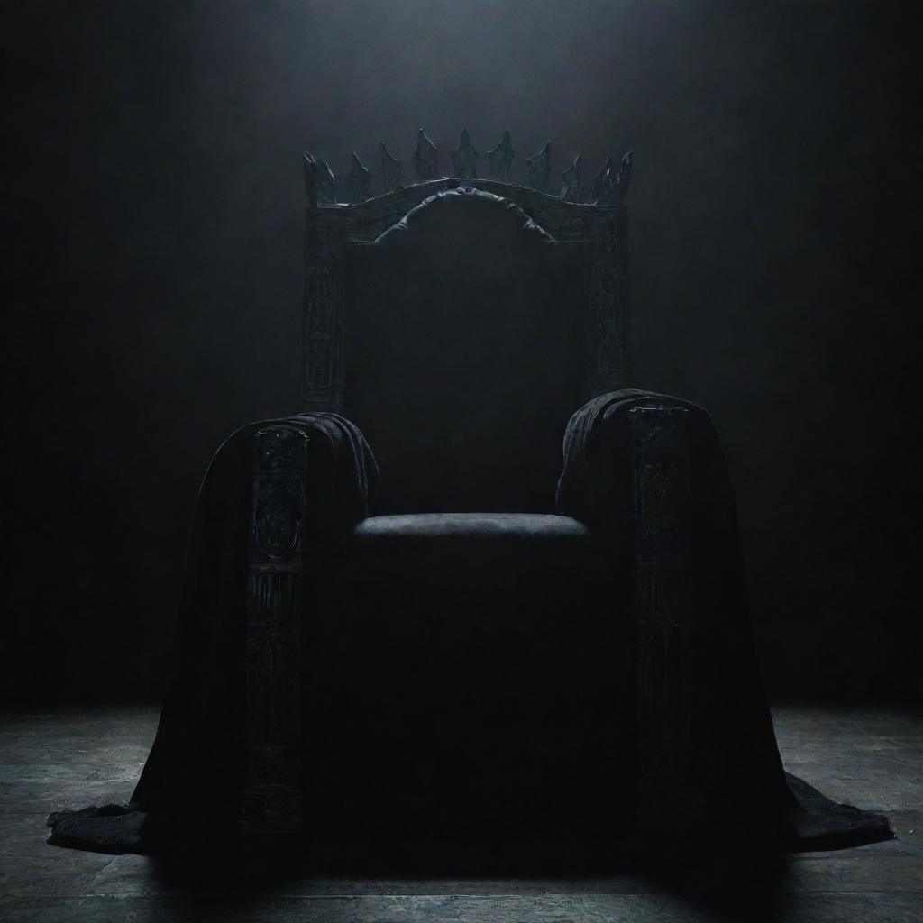 An imposing, dark throne occupied by a powerful king enveloped in shadows, all set against a profound, dark background enhancing the sense of supreme power