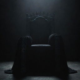 An imposing, dark throne occupied by a powerful king enveloped in shadows, all set against a profound, dark background enhancing the sense of supreme power