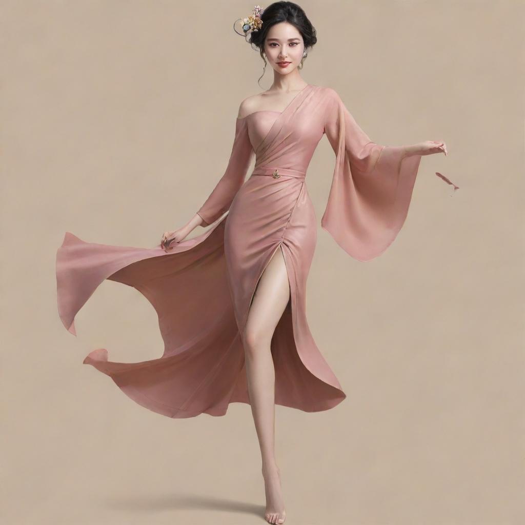 Revise the current full body artwork of Bích Phương, incorporating added dynamism and vivacity. Emphasize her sophisticated fashion style, her elegant movements and retain the accurate depiction of her unique facial features.