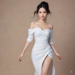 Revise the current full body artwork of Bích Phương, incorporating added dynamism and vivacity. Emphasize her sophisticated fashion style, her elegant movements and retain the accurate depiction of her unique facial features.