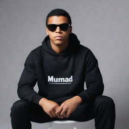 A profile picture of a 25-year-old cool boy wearing a black hoodie, black pants, white sneakers, and sunglasses, sitting on a chair against a grey background. The name 'Muhammad Ali' is written in white color.