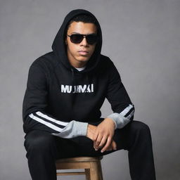 A profile picture of a 25-year-old cool boy wearing a black hoodie, black pants, white sneakers, and sunglasses, sitting on a chair against a grey background. The name 'Muhammad Ali' is written in white color.