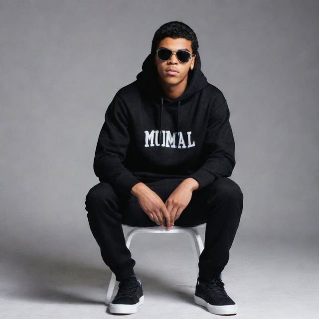 A profile picture of a 25-year-old cool boy wearing a black hoodie, black pants, white sneakers, and sunglasses, sitting on a chair against a grey background. The name 'Muhammad Ali' is written in white color.