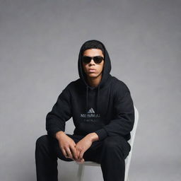 A profile picture of a 25-year-old cool boy wearing a black hoodie, black pants, white sneakers, and sunglasses, sitting on a chair against a grey background. The name 'Muhammad Ali' is written in white color.