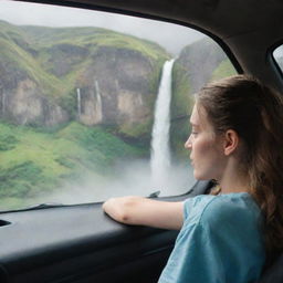 Interior of a car with a girl resting her head on her boyfriend's left arm, which she is also holding. They are facing mountains on a road. Visible through the girl's side window is a vivid waterfall.