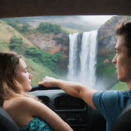 Interior of a car with a girl resting her head on her boyfriend's left arm, which she is also holding. They are facing mountains on a road. Visible through the girl's side window is a vivid waterfall.