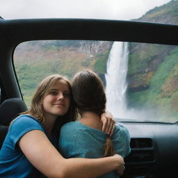 Interior of a car with a girl resting her head on her boyfriend's left arm, which she is also holding. They are facing mountains on a road. Visible through the girl's side window is a vivid waterfall.