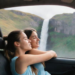 Interior of a car with a girl resting her head on her boyfriend's left arm, which she is also holding. They are facing mountains on a road. Visible through the girl's side window is a vivid waterfall.