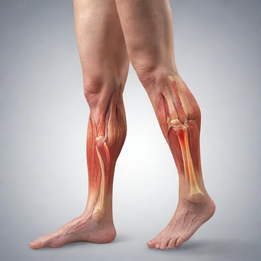 A realistic illustration of a leg suffering from muscle strain, with inflamed areas highlighted to reveal the extent of the damage.