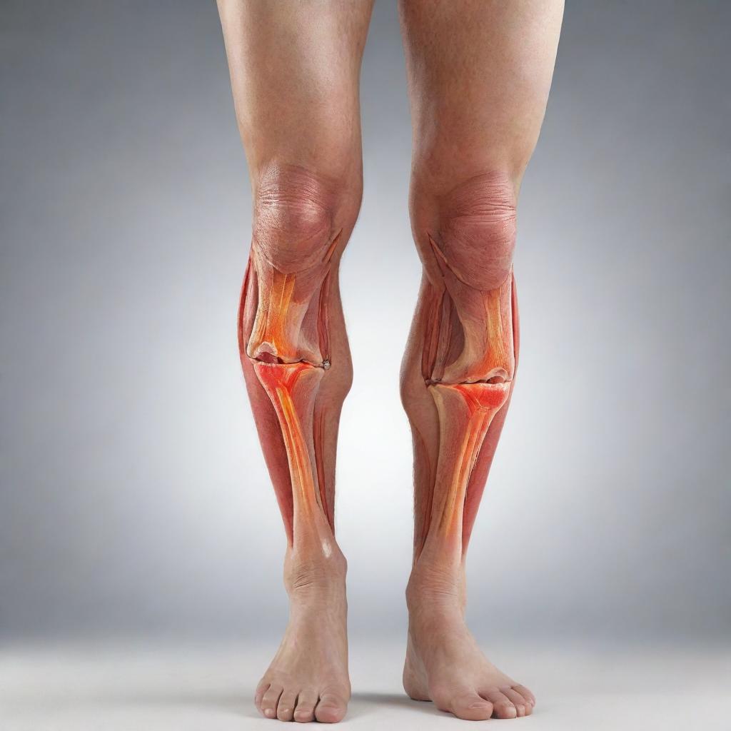 A realistic illustration of a leg suffering from muscle strain, with inflamed areas highlighted to reveal the extent of the damage.