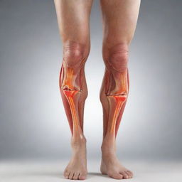 A realistic illustration of a leg suffering from muscle strain, with inflamed areas highlighted to reveal the extent of the damage.