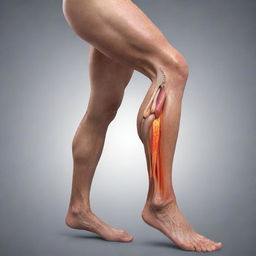 A realistic illustration of a leg suffering from muscle strain, with inflamed areas highlighted to reveal the extent of the damage.