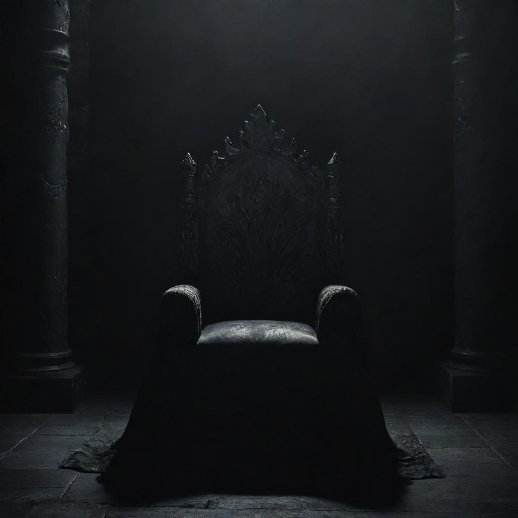 An imposing, dark throne dominated by an unknown, powerful king concealed in shadows, set against a profoundly dark background that amplifies the mystery and power