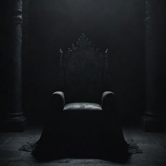 An imposing, dark throne dominated by an unknown, powerful king concealed in shadows, set against a profoundly dark background that amplifies the mystery and power