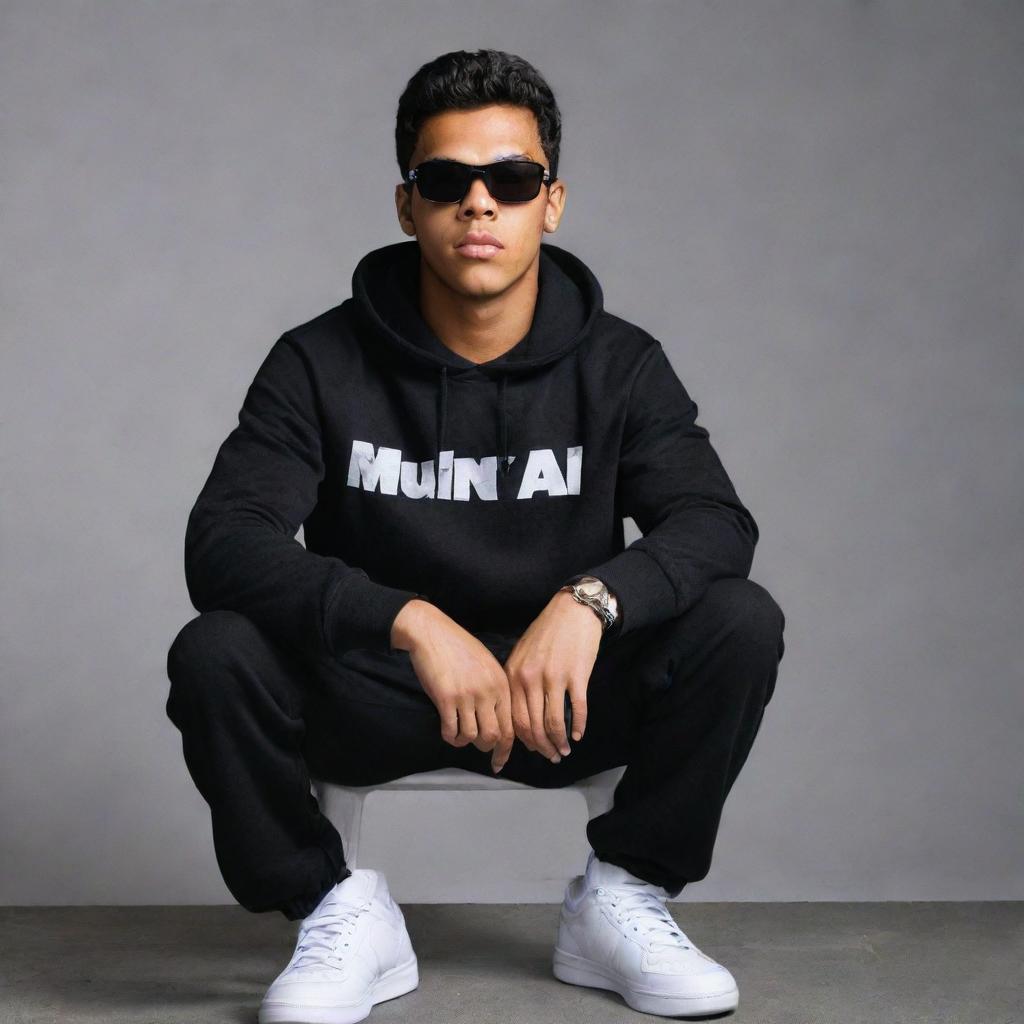 A profile picture of a 25-year-old trendy boy wearing a black hoodie, black pants, white sneakers, and sunglasses, sitting on a chair with a grey background. The name 'Muhammad Ali' is written in white on the same background.