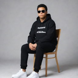 A profile picture of a 25-year-old trendy boy wearing a black hoodie, black pants, white sneakers, and sunglasses, sitting on a chair with a grey background. The name 'Muhammad Ali' is written in white on the same background.