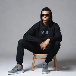 A profile picture of a 25-year-old trendy boy wearing a black hoodie, black pants, white sneakers, and sunglasses, sitting on a chair with a grey background. The name 'Muhammad Ali' is written in white on the same background.