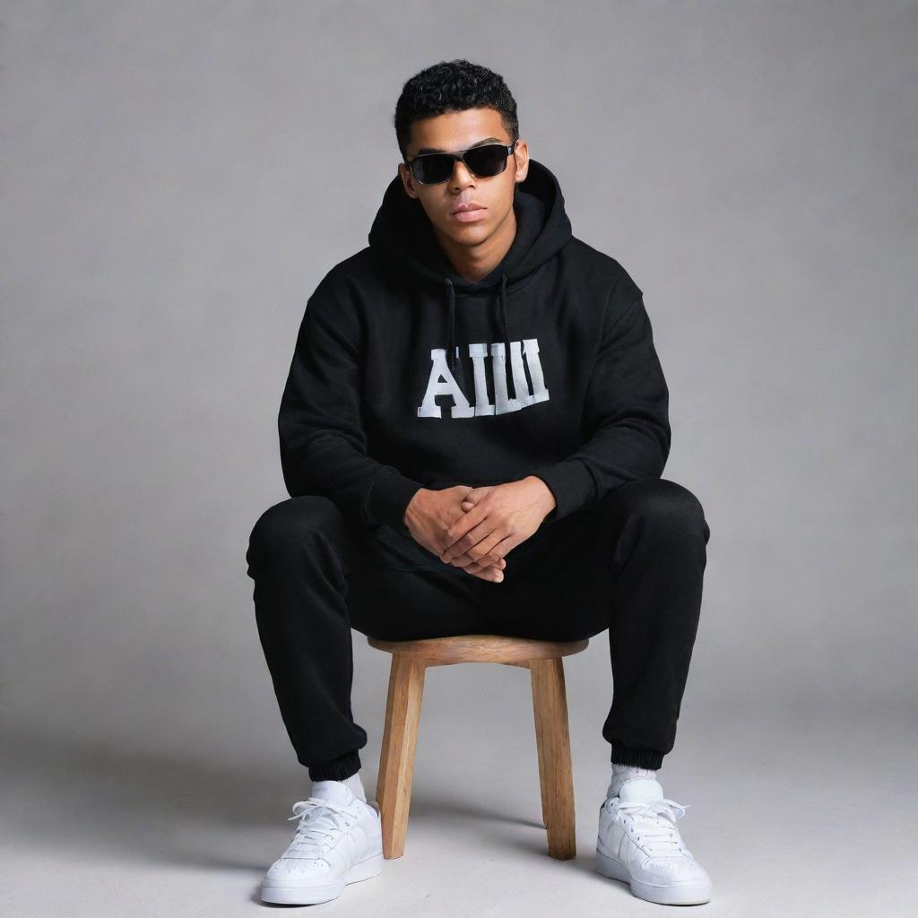 A profile picture of a 25-year-old trendy boy wearing a black hoodie, black pants, white sneakers, and sunglasses, sitting on a chair with a grey background. The name 'Muhammad Ali' is written in white on the same background.