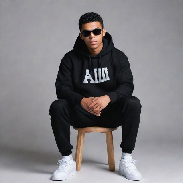 A profile picture of a 25-year-old trendy boy wearing a black hoodie, black pants, white sneakers, and sunglasses, sitting on a chair with a grey background. The name 'Muhammad Ali' is written in white on the same background.