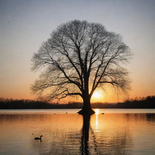 Sunset over a calm lake with ducks swimming on the water surface and the silhouette of a big tree on the right