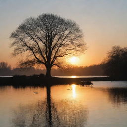 Sunset over a calm lake with ducks swimming on the water surface and the silhouette of a big tree on the right