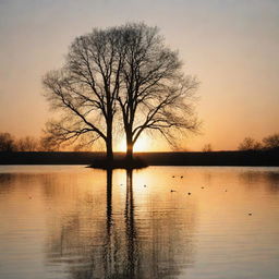 Sunset over a calm lake with ducks swimming on the water surface and the silhouette of a big tree on the right