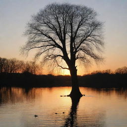 Sunset over a calm lake with ducks swimming on the water surface and the silhouette of a big tree on the right
