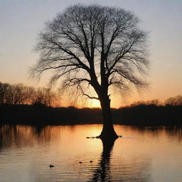 Sunset over a calm lake with ducks swimming on the water surface and the silhouette of a big tree on the right