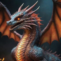 Create a captivating image of an majestic dragon. Showcase it with spectacular scales, piercing eyes, powerful wings and a breath of fire, exuding an aura of mystical grandeur.