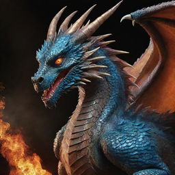 Create a captivating image of an majestic dragon. Showcase it with spectacular scales, piercing eyes, powerful wings and a breath of fire, exuding an aura of mystical grandeur.