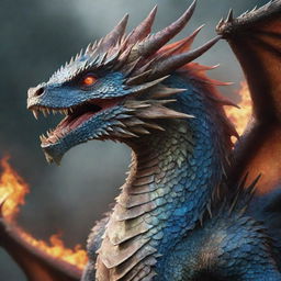 Create a captivating image of an majestic dragon. Showcase it with spectacular scales, piercing eyes, powerful wings and a breath of fire, exuding an aura of mystical grandeur.