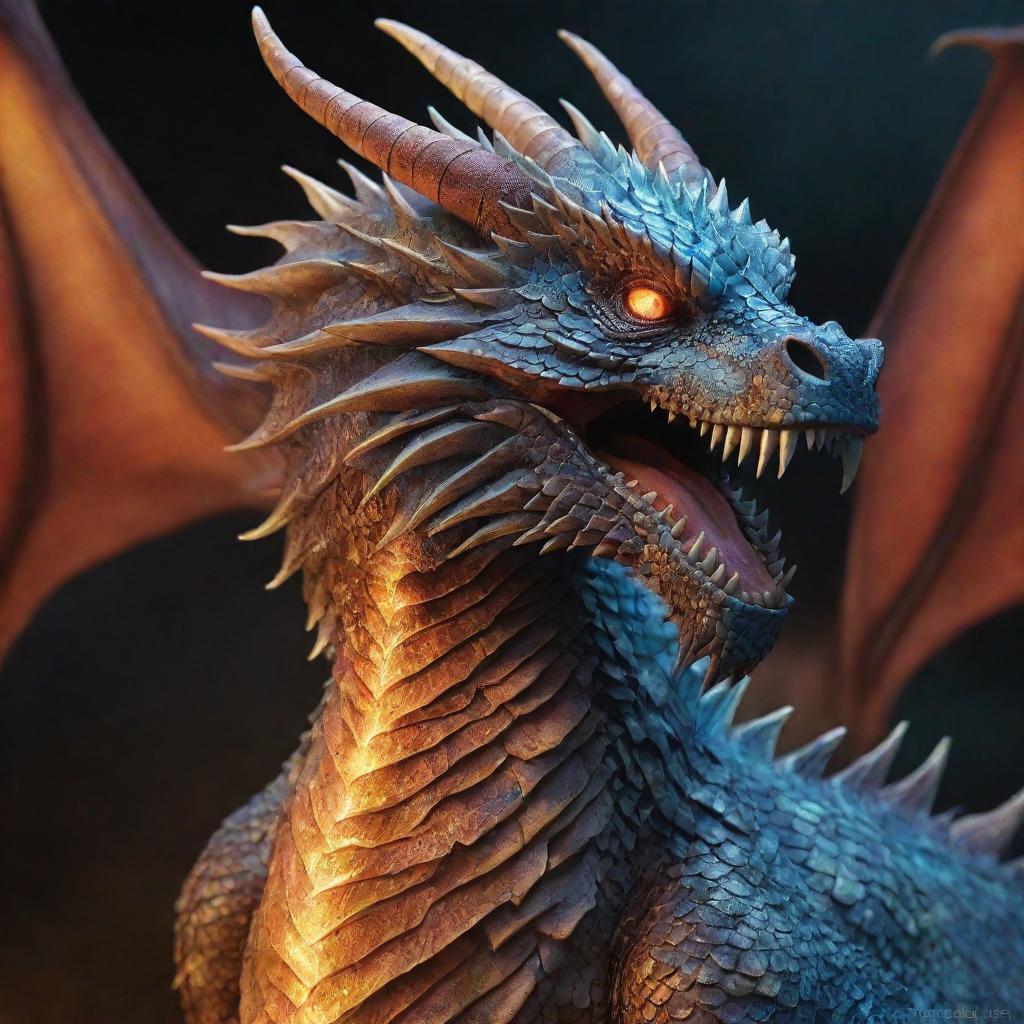 Create a captivating image of an majestic dragon. Showcase it with spectacular scales, piercing eyes, powerful wings and a breath of fire, exuding an aura of mystical grandeur.