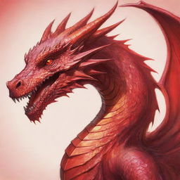 Revise the dragon sketch to depict the impressive creature in vibrant shades of red. Illustrate it with luminous scarlet scales, radiant ruby eyes, and fiery breath vividly contrasting against a complementary background.