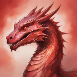 Revise the dragon sketch to depict the impressive creature in vibrant shades of red. Illustrate it with luminous scarlet scales, radiant ruby eyes, and fiery breath vividly contrasting against a complementary background.