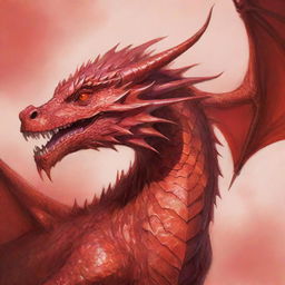 Revise the dragon sketch to depict the impressive creature in vibrant shades of red. Illustrate it with luminous scarlet scales, radiant ruby eyes, and fiery breath vividly contrasting against a complementary background.