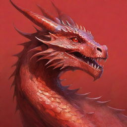 Revise the dragon sketch to depict the impressive creature in vibrant shades of red. Illustrate it with luminous scarlet scales, radiant ruby eyes, and fiery breath vividly contrasting against a complementary background.