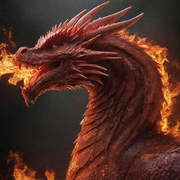 Amplify the fire element in the red dragon image, increasing the intensity and size of its fire breath, and adding emanating heat waves that highlight its overpowering presence and fiery nature.