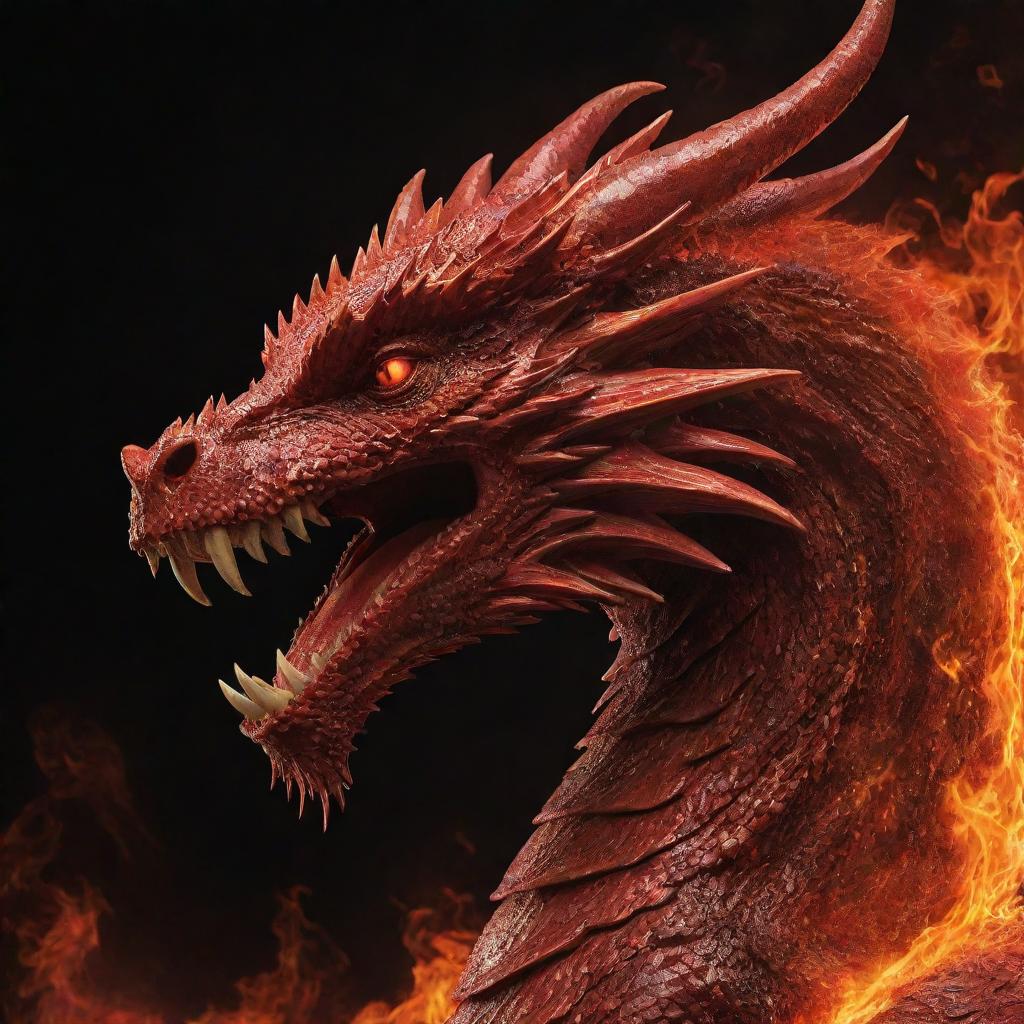 Amplify the fire element in the red dragon image, increasing the intensity and size of its fire breath, and adding emanating heat waves that highlight its overpowering presence and fiery nature.