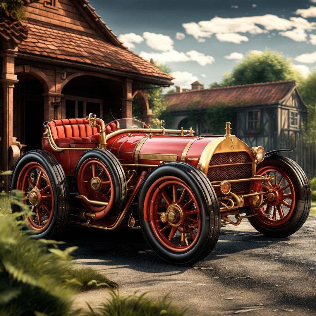 A high-quality digital art piece depicting a Ferrari as if it were designed in the 1910s