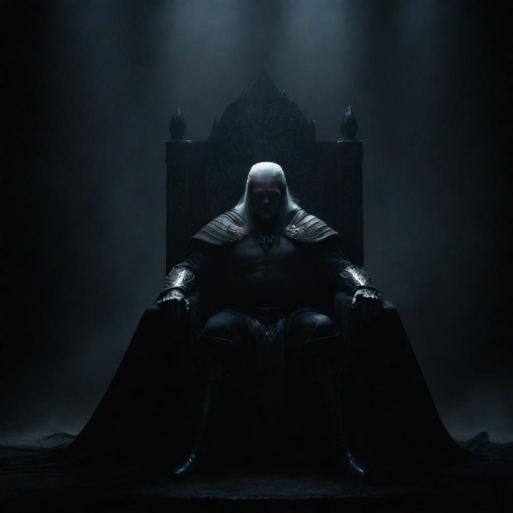 A great and powerful warrior seated on a grand, dark throne, engulfed in shadows, set against a deeply dark backdrop that accentuates the atmosphere of formidable power